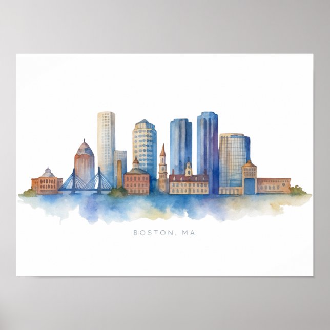 Boston City Skyline Vattenfärg | Modern Boston MA  Poster (Framsidan)