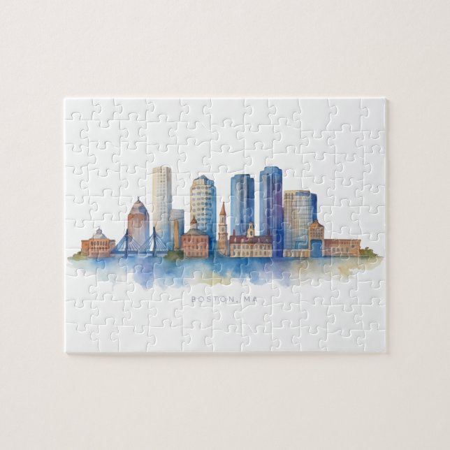 Boston City Skyline Vattenfärg | Modern Boston MA  Pussel (Horisontell)