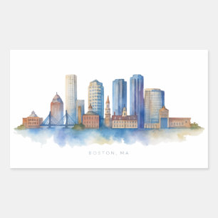 Boston City Skyline Vattenfärg Modern Boston MA Rektangulärt Klistermärke