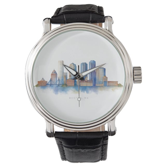 Boston City Skyline Watercolor | Modern Boston MOR Armbandsur (Framsida)