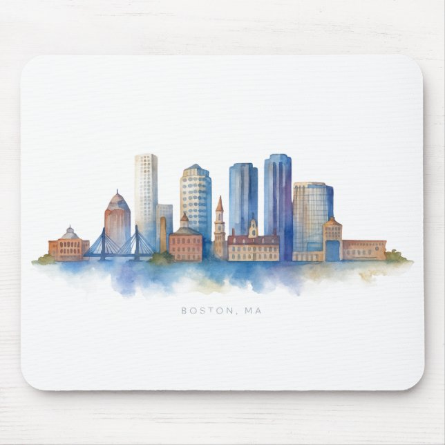 Boston City Skyline Watercolor | Modern Boston MOR Musmatta (Framsidan)
