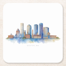 Boston City Skyline Watercolor | Modern Boston MOR Underlägg Papper Kvadrat