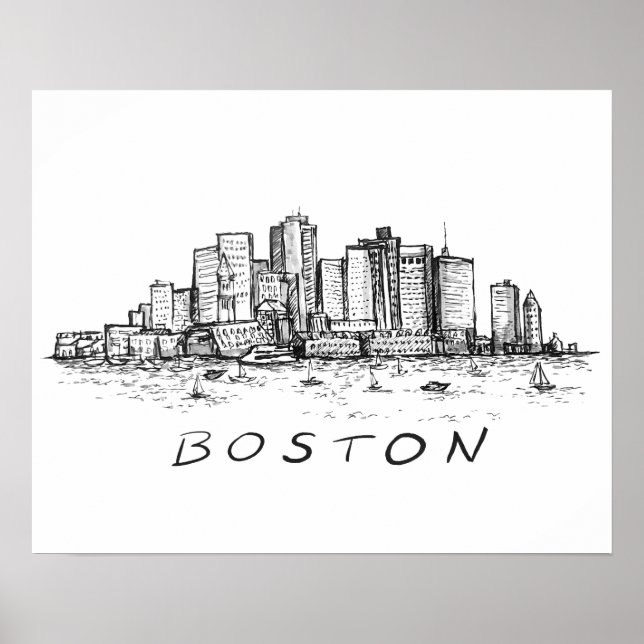 Boston Cityscape Bläck Teckning Poster (Framsidan)
