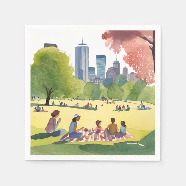 Boston Common Picknick | Sommar Akvarell Målning Pappersservett (Framsidan)