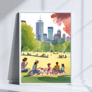 Boston Common Picknick Sommar Akvarell Målning Poster