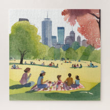 Boston Common Picknick | Sommar Akvarell Målning