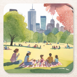 Boston Common Picknick | Sommar Akvarell Målning Underlägg Papper Kvadrat
