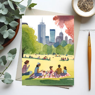 Boston Common Picknick Sommar Akvarellmålning Vykort