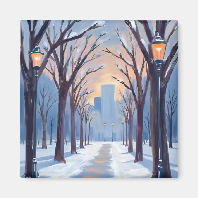 Boston Common Vintersnöfall Akvarell Magnet (Framsidan)