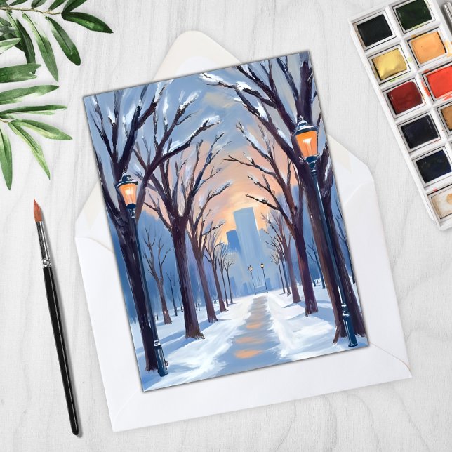 Boston Common Winter Snowfall Watercolor Card (Skapare uppladdad)