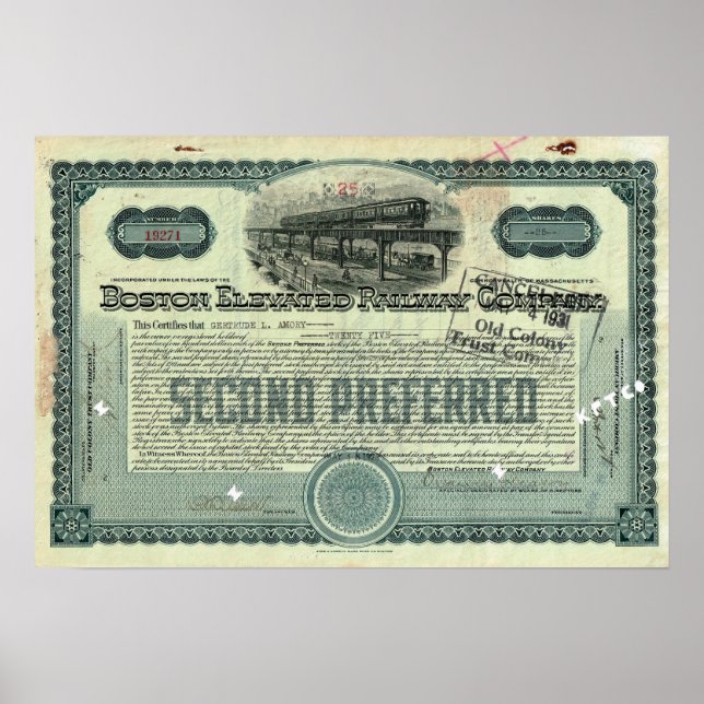 Boston Elevated Railway Co. Lagrar-certifikat Poster (Framsidan)