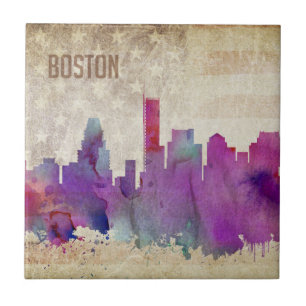 Boston för vattenfärgstad för MORSOR horisont Kakelplatta