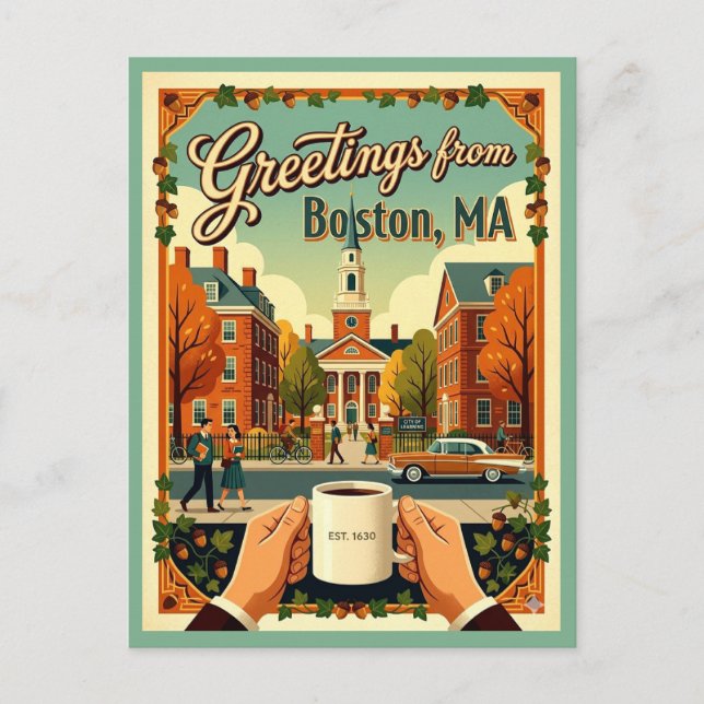 Boston Hälsningar Retro 1960-tal Akademisk Estetik Vykort (Framsida)