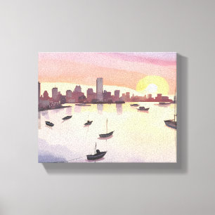 Boston Harbor Akvarell Stadsscen Massachusetts Canvastryck
