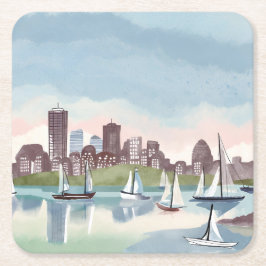 Boston Harbor | Boston Massachusetts Watercolor Underlägg Papper Kvadrat