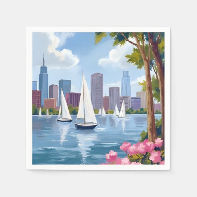 Boston Harbor Spring | Båt Bay Stadssilhuett Pappersservett (Framsidan)