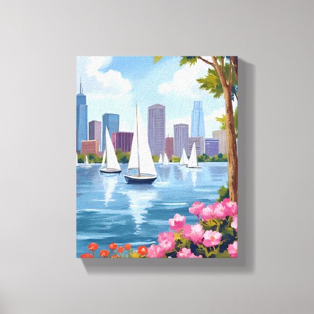 Boston Harbor Spring | Båt Bukt Stadssilhuett Canvastryck (Framsida)