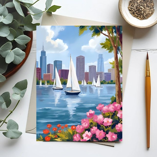 Boston Harbor Spring | Båt Bukt Stadssilhuett Vykort (Skapare uppladdad)