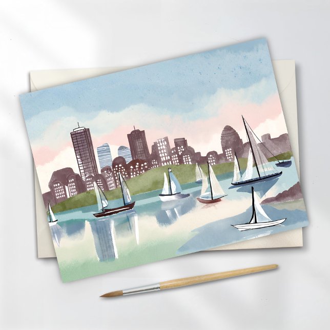 Boston Harbour | Boston Massachusetts Watercolor Vykort (Skapare uppladdad)