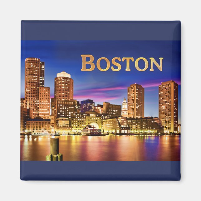 Boston Harbour på natttext BOSTON Magnet (Framsidan)