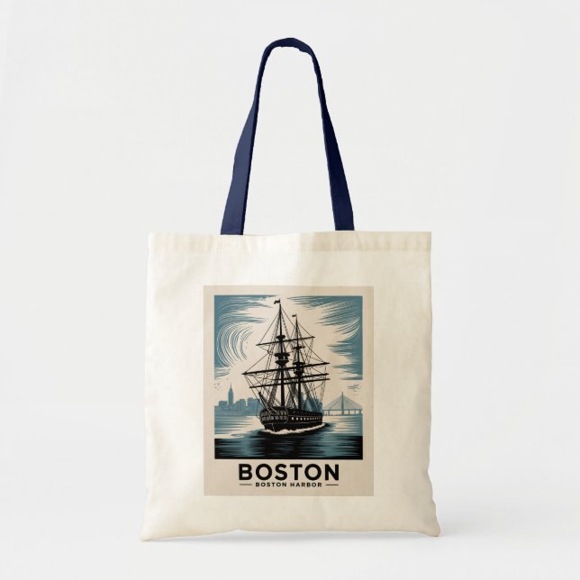 Boston Harbour Retro Tall Frakt Classic Nautical Tygkasse (Framsidan)