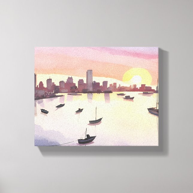 Boston Harbour | Watercolor Cityscape Massachusett Canvastryck (Framsida)
