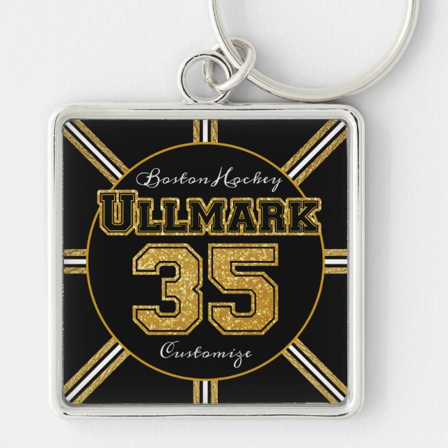 Boston Hockey Ullmark 35 Fyrkantig Silverfärgad Nyckelring (Framsidan)