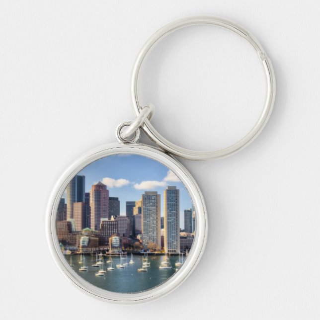 Boston horisont från strand rund silverfärgad nyckelring (Framsidan)