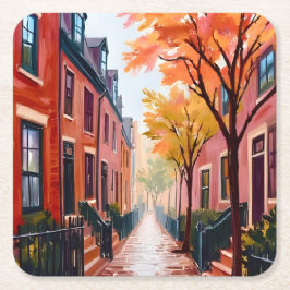 Boston Höst Akvarell Beacon Hill Massachusetts Underlägg Papper Kvadrat