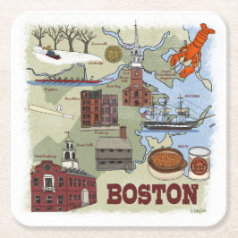 Boston Illustrated Karta Underlägg Papper Kvadrat