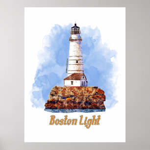 Boston Light Fyren Vattenfärg - Massachusetts Poster