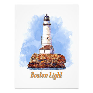 Boston Light Lighthouse Watercolor - Massachusetts Fototryck