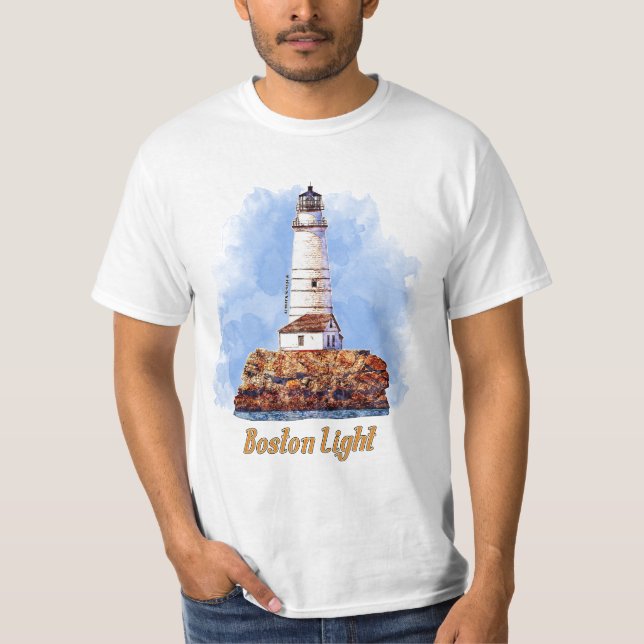 Boston Light Lighthouse Watercolor - Massachusetts T Shirt (Framsida)
