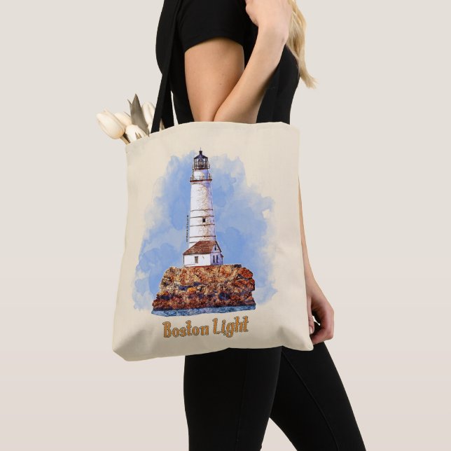 Boston Light Lighthouse Watercolor - Massachusetts Tygkasse (Närbild)