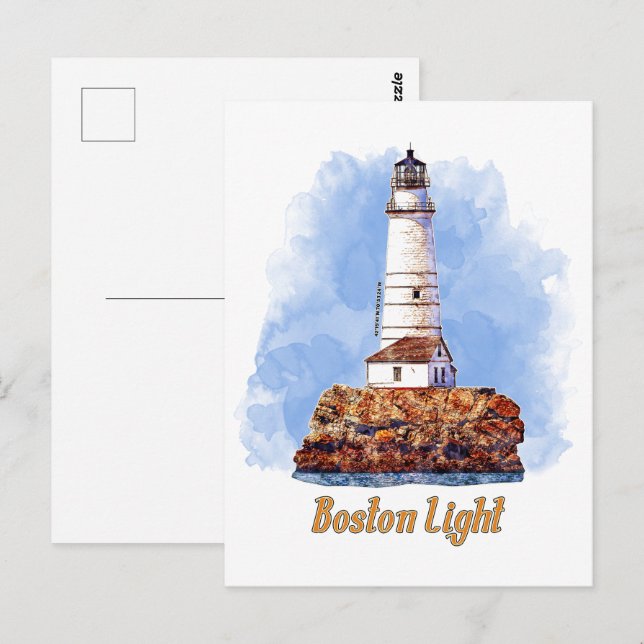 Boston Light Lighthouse Watercolor - Massachusetts Vykort (Fram/baksida)