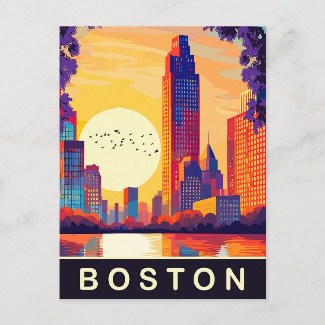 Boston, MA, Silhuett vid solnedgång, Resa Vykort (Framsida)