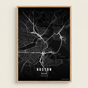 Boston Map Noir Tryck Massachusetts Stad Väggt Kon