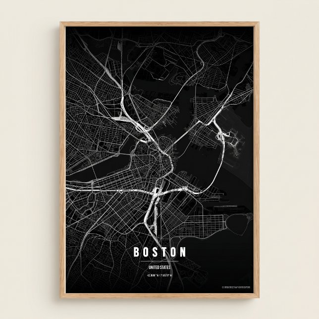 Boston Map Noir Tryck Massachusetts Stad Väggt Kon (Skapare uppladdad)