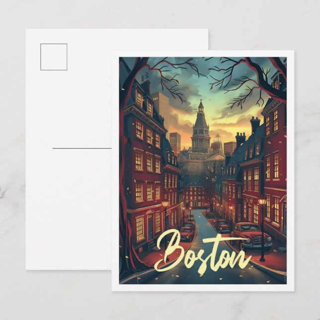 Boston massachuset Vintage Art Travel Illustration Vykort (Fram/baksida)