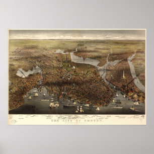 Boston Massachusetts 1873 Antique Panoramic Karta Poster