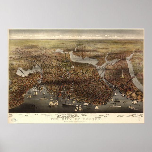 Boston Massachusetts 1873 Antique Panoramic Karta Poster (Framsidan)