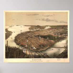 Boston Massachusetts 1877 Antique Panoramic Karta Poster