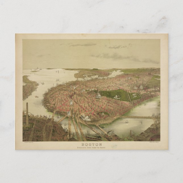 Boston Massachusetts 1877 Fågelperspektiv från nor Vykort (Framsida)