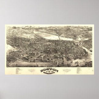 Boston Massachusetts 1880 Antique Panoramic Karta Poster