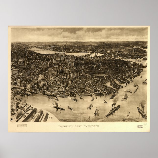 Boston Massachusetts 1905 Antique Panoramic Karta Poster (Framsidan)