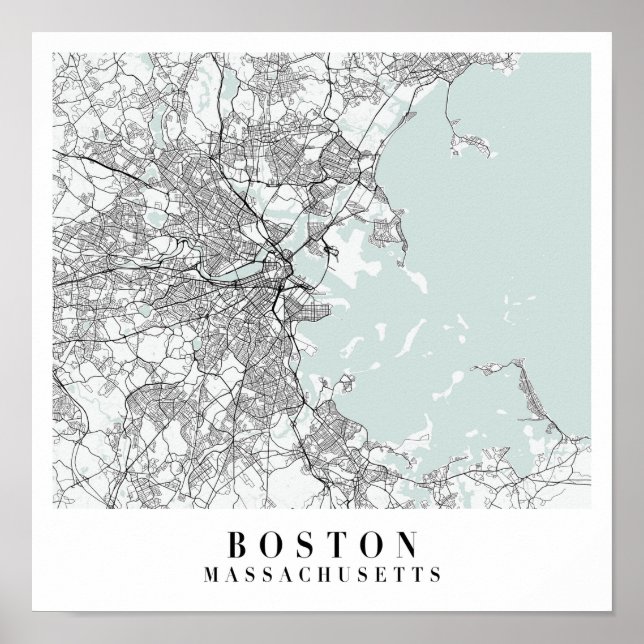 Boston Massachusetts Blue Vatten Street Karta Poster (Framsidan)
