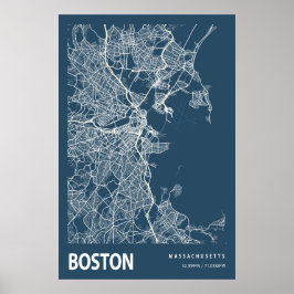 Boston Massachusetts City Karta Line Art Blue Skri Poster