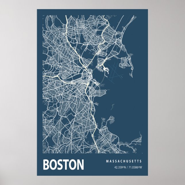 Boston Massachusetts City Karta Line Art Blue Skri Poster (Framsidan)