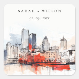 Boston Massachusetts City Scape Watercolor Bröllop Fyrkantigt Klistermärke