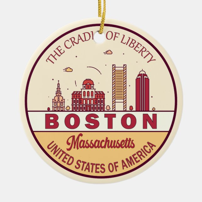 Boston Massachusetts City Skyline Emblem Julgransprydnad Keramik (Framsidan)